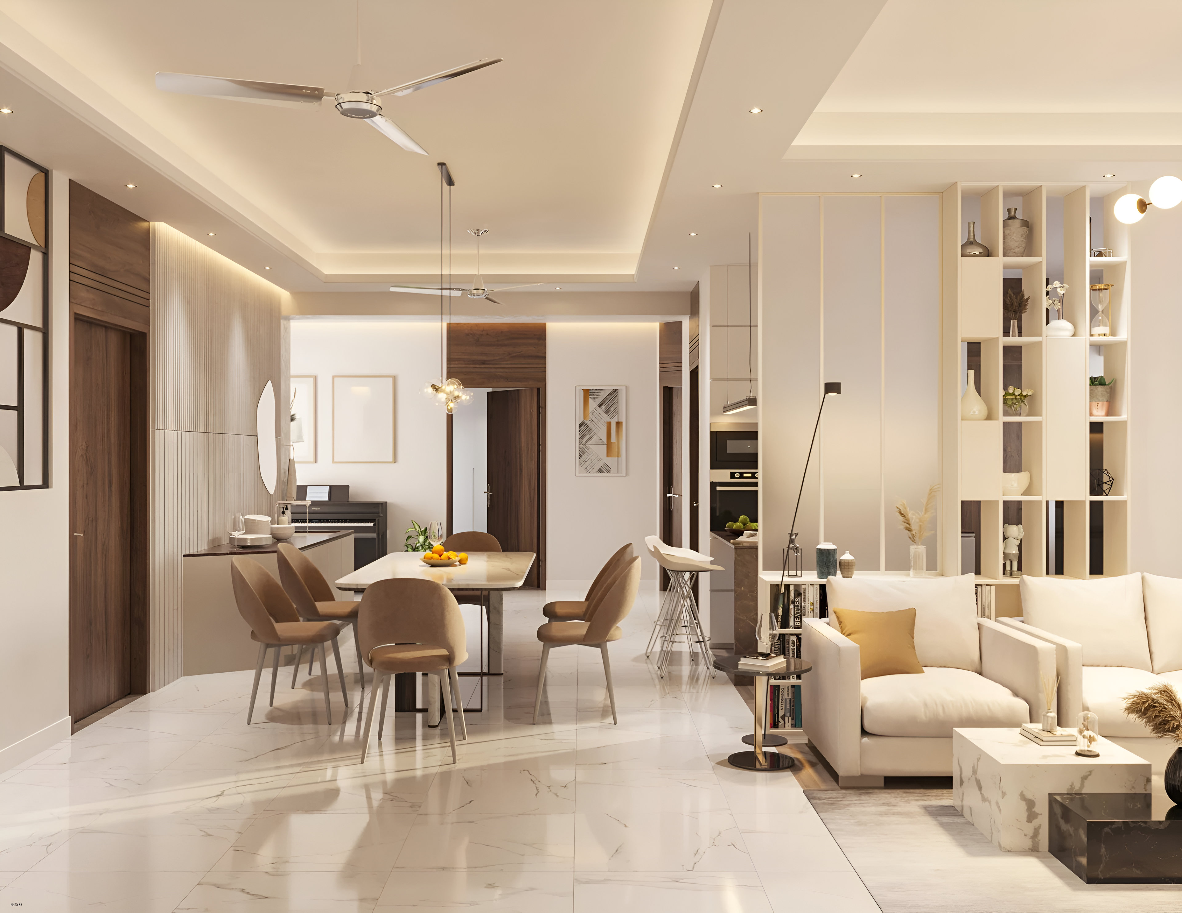 Virtual walkthrough of a luxury living room with floor-to-ceiling windows