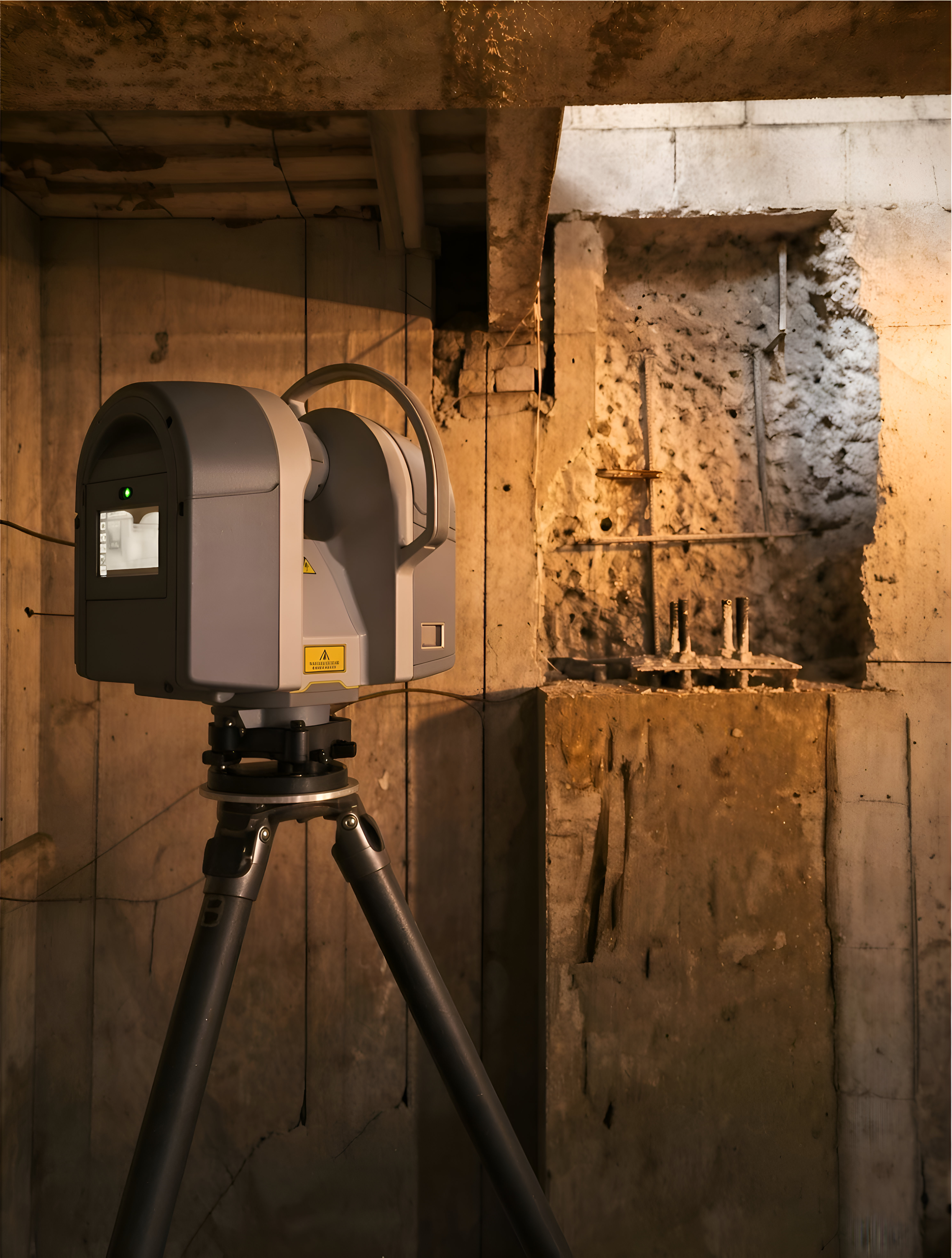 Laser scanner on a tripod documenting a basement