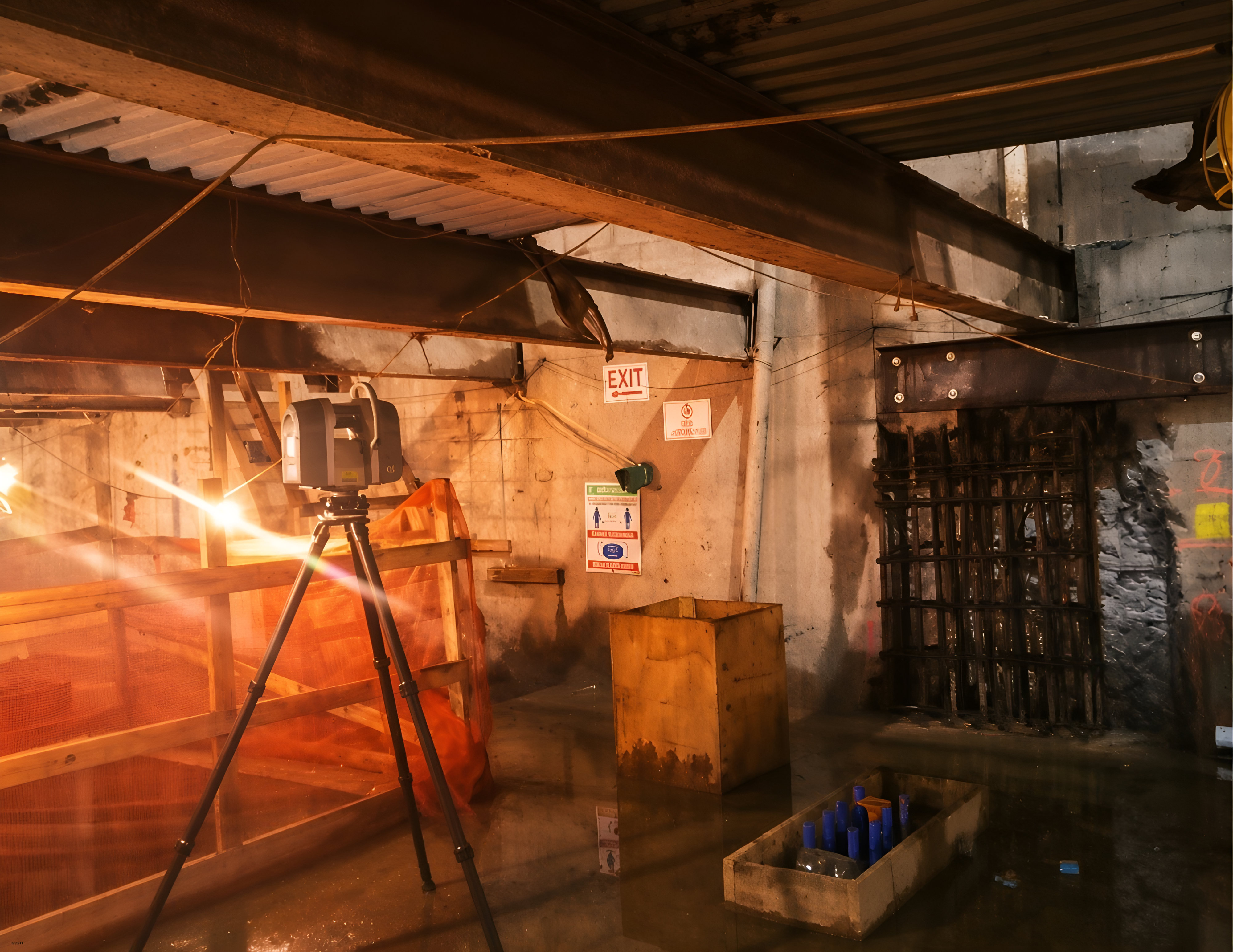Laser scanner on a tripod documenting a foundation wall at a New York construction site